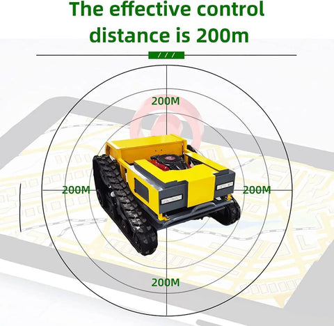 Tracked Remote Control Lawn Mower With 9.5HP Gasoline Engine shown with 200m control range over terrain map.