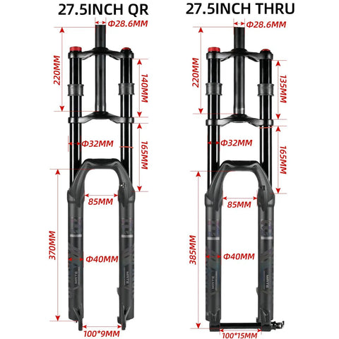 Dual Crown MTB Air Fork 27.5 29 Inch with 150mm Travel Rebound Adjust 32mm Stanchions detailed measurements