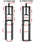 Image of Beefy Dual Crown MTB Air Fork For Downhill And Trail Riding 150mm Travel Fits 27.5 Or 29 Inch Wheels with measurements