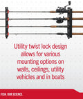 Twist Lock Fishing Rod Rack for Wall Mount Stores Four Rods Black Finish With Soft Foam Grip Pads mounted with rods