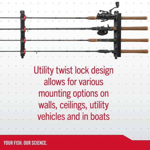 Twist Lock Fishing Rod Rack for Wall Mount Stores Four Rods Black Finish With Soft Foam Grip Pads mounted with rods