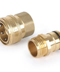 Three Quarter Inch Full Flow Brass Garden Hose Quick Connect Fittings Set No Fuss With Lead Free Full Port Design And High Volume Quick Release Coupler For Five Eighth And Three Quarter Inch Hoses, showing two separate brass connectors.