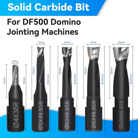PTFE Coated Carbide Router Bits Set for Domino Joiner 5 Piece Precision Bit Kit for Mortise Milling on Festool DF500 sizes shown