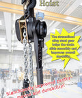 Close-up of lever chain hoist mechanism in a warehouse, showcasing steel alloy gears and chain for heavy-duty lifting durability.