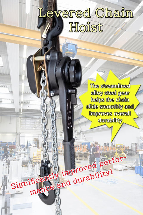 Close-up of lever chain hoist mechanism in a warehouse, showcasing steel alloy gears and chain for heavy-duty lifting durability.