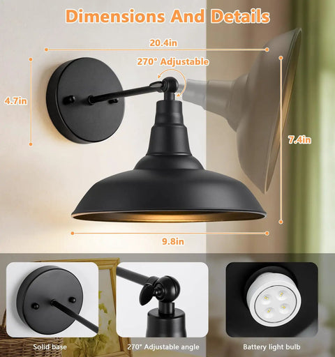 Black Vintage Battery Operated Wall Sconce Set Of 2 With Remote Control dimensions, features adjustable arm and light bulb details