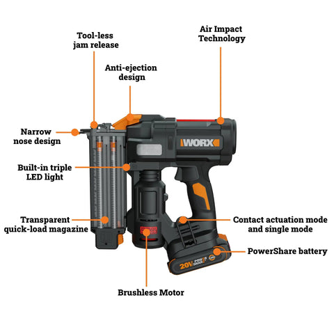 Heavy Duty Cordless Brad Nailer With 20 V Brushless Motor Using Real Deal Air Impact Tech To Shoot Up To Two One Eighth Inch 18 Gauge Finish Nails Into Hardwood With Lightweight Ergonomic Grip Built For No Sweat Projects
