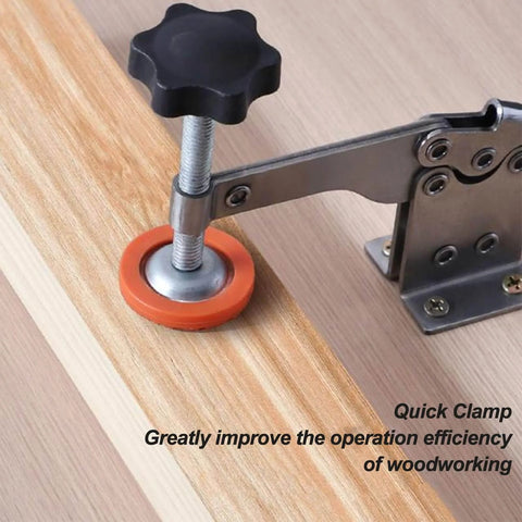 Stainless Steel Thickened Woodworking Vertical Toggle Clamp With Quick Release mounted on wood surface for secure grip.