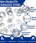 300-piece stainless steel flat washers set, 304 stainless, assorted sizes M2–M12 for screws and bolts.