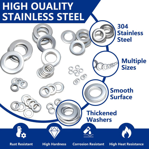 300-piece stainless steel flat washers set, 304 stainless, assorted sizes M2–M12 for screws and bolts.