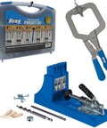 Premium Pocket Hole Jig System With Five Piece Screw Kit And Adjustable Face Clamp For Rock Solid Wood Joinery displayed with tools.