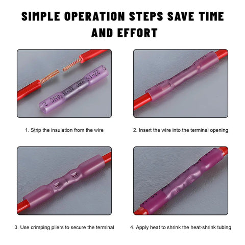 Image showing four steps to connect wires using a quick connector for Waterproof Push Button Switch with Quick Connector for 12V LED Accent Lighting.