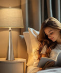 Woman reading beside 25.75 Inch Table Lamp Set Of 2 For Living Room And Bedroom, Touch Dimming 3 Way Lamps With USB Charging Port