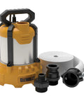 Heavy Hitter 1/3 HP Cast Aluminum Submersible Utility Pump Kit with accessories including discharge hose and connectors.