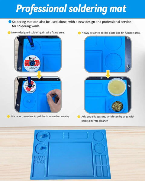 Close-up of blue silicone mat from Helping Hands Soldering Station With Soldering Mat And Six Flexible Arms Third Hand Tool.