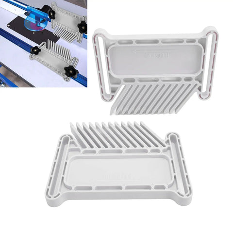 Boss Level Adjustable Featherboard Kit With Stackable Safety Guide and T Track Miter Slot Locking System For Table Saw And Router Tables, two white featherboards.