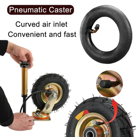 8 Inch Pneumatic Caster Wheel Heavy Duty Swivel Caster Built Like A Tank For Garage Workbench And Utility Carts Silent Rubber Tire Shock Absorbing Design Smooth As Butter Roll Easy with a curved air inlet.