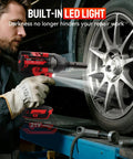 Heavy Duty Cordless Impact Wrench With Half Inch Drive Featuring A Brushless Motor And Legit 1106 Foot Pound Torque Heavy Hitter Shop Tool Works Seamless With Makita 18 Volt Batteries in use with LED light.