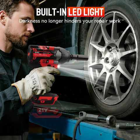 Heavy Duty Cordless Impact Wrench With Half Inch Drive Featuring A Brushless Motor And Legit 1106 Foot Pound Torque Heavy Hitter Shop Tool Works Seamless With Makita 18 Volt Batteries in use with LED light.