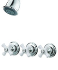 Three-Handle Tub and Shower Faucet Trim Kit in Chrome Finish With White Porcelain Handles, 2.5 GPM Flow, 5-Hole Installation