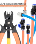 Push To Connect Fittings Disconnect Tong Tool For Easy No Sweat Removal Of Push Fit Pneumatic Fittings In Tight Spaces Fits 1/4 And 5/16 Inches 6mm And 8mm Quick Connect Air Hose Fittings Removal Tool, black hand tool with orange handles