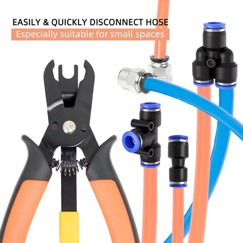 Push To Connect Fittings Disconnect Tong Tool For Easy No Sweat Removal Of Push Fit Pneumatic Fittings In Tight Spaces Fits 1/4 And 5/16 Inches 6mm And 8mm Quick Connect Air Hose Fittings Removal Tool, black hand tool with orange handles