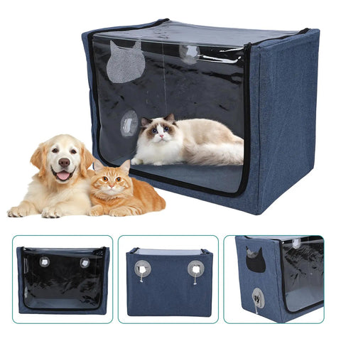 Must Have Pet Nebulizer Box for Dogs and Cats, large transparent folding atomization box with dual access holes visible
