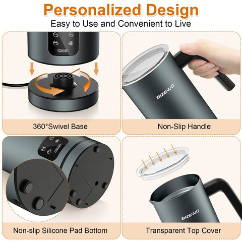 4 In 1 Milk Frother And Warmer With Stainless Steel Build And Touch Screen features 360 swivel base, non-slip handle.