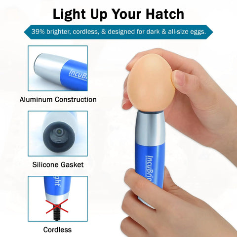 Ultra Bright LED Egg Candler Portable Light for all egg sizes in hand, demonstrating egg candling with durable aluminum body.
