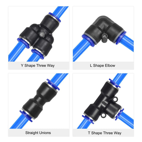Blue PU Air Hose Tube For Compressors 4mm ID By 6mm OD 10 Meter Length fittings including Y, L, T shapes and straight unions