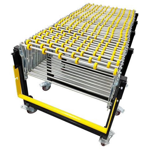 Heavy Duty Portable Conveyor Roller Stand With Adjustable Length And Height Fits Tight Spaces For Moving Big Cartons Super Smooth ABS Skate Wheels, showing mobile roller design.