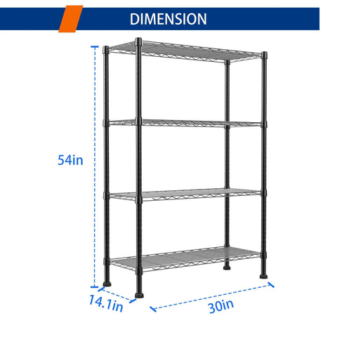 Straight Up Heavy Duty Metal Storage Rack With Adjustable Shelves For Kitchen Pantry Or Closet Black Stand dimensions 54in height, 30in width, 14.1in depth.