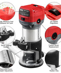 Smooth Operator Corded Wood Router With Variable Speed And 15 Pc Bit Set For Effortless Edge Work showing high efficiency ventilation and adjustments.