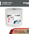 PowerClean X80 Heavy Duty Cloths And Wipes Jumbo Roll 455 Sheets White, industrial towel, packaging label visible
