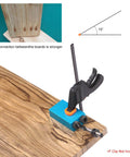 Pro Grade Pocket Hole Jig Kit With 15 Degree Dowel Drill Set on wooden surface showing angled hole and tool positioning