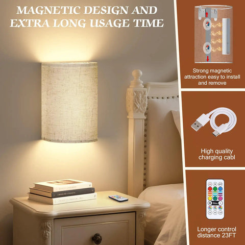 Wireless Rechargeable Wall Sconces Set Of Two Featuring 16 Rgb Hues And Three Warm Tones Delivering An Adjustable 1000 Lumen Glow That Gives Your Space Lowkey Vibes That Truly Slays on bedside table.