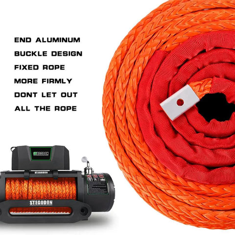 Three Eighths Inch 100 Foot Synthetic Winch Rope 23800 Lb Capacity With Protective Sleeve And Heavy Duty Hook For 4x4 Off Road Jeeps ATVs UTVs And SUVs Orange