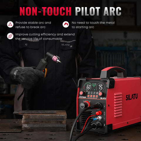 Plasma Cutter STC750P 75 Amp HF Non Touch Pilot Arc Dual Voltage 110 220V With LED Display in a workshop setting.