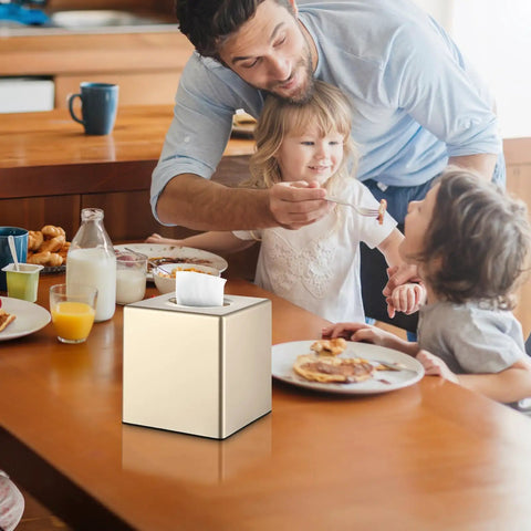 Family breakfast scene with Hand Tissue Box Cover Decorative Square Tissue Holder for Bathroom Vanity Dresser Nightstand Office Parlors Champagne Gold Finish Sleek Modern Square Design Keeps Tissues Neatly Stored And Elevates Your Space