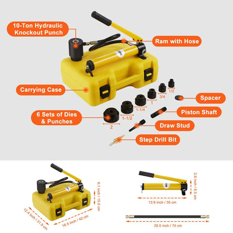 10 Ton Hydraulic Knockout Punch Kit with Half Inch to Two Inch Conduit Die Set, 6 Dies, Step Drill Bit, Carrying Case, Draw Studs and Accessories