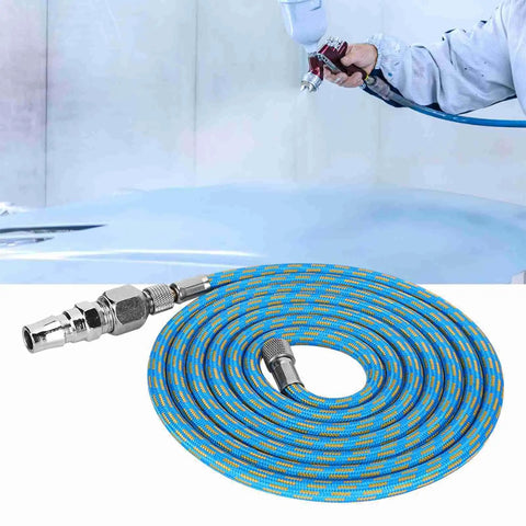Flexible Nylon Braided Airbrush Air Hose Kit 6 Feet Long With Kink Resistant Build And 1/8 To 1/4 Inch Quick Connects, coiled ready for painting.