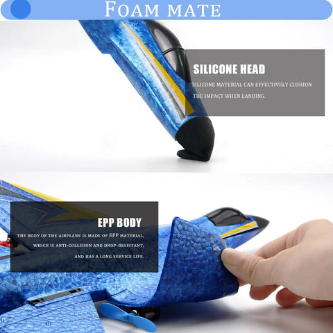 Close-up of blue Beginner Friendly Remote Control Airplane highlighting silicone head and EPP foam body with a child's hand interacting.