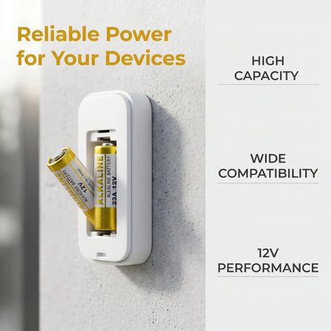 Heavy Duty 23A 12V Alkaline Batteries 5 Pack Runs Forever For Garage Door Openers And Remote Controls in a battery holder.