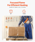 Propane heat gun for pallets, 187660 BTU, adjustable, 26 ft hose, shrink wrapping demo with focused flame and timing details