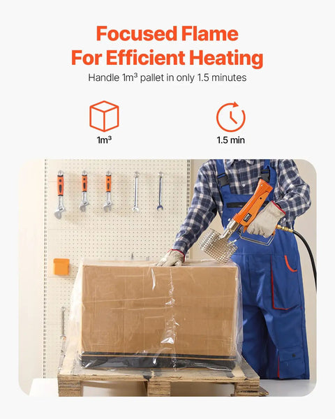 Propane heat gun for pallets, 187660 BTU, adjustable, 26 ft hose, shrink wrapping demo with focused flame and timing details