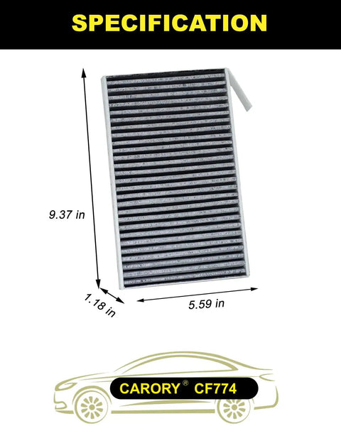 Tesla Cabin Air Filter With Activated Carbon For Model 3 And Model Y 2017 To 2025 OE Replacement 1107681 00 A CF12774 XC11952C showing dimensions