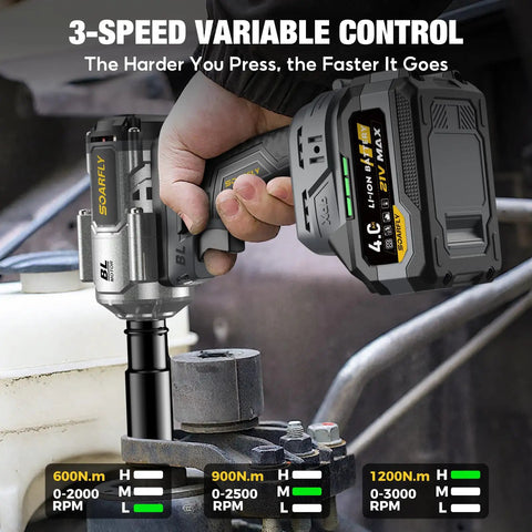 Heavy Duty Cordless Impact Wrench With Half Inch Drive Delivers 900 Foot Pounds Of Torque Brushless 21V Power Tool in use