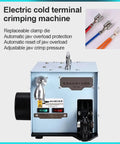 Professional Grade Built Tough Electric Cold Press Terminal Machine With Quick Swap Dies For Hella Accurate Insulated Wire Terminals Smooth Horizontal Bench Setup, showing replaceable clamp die and controls.