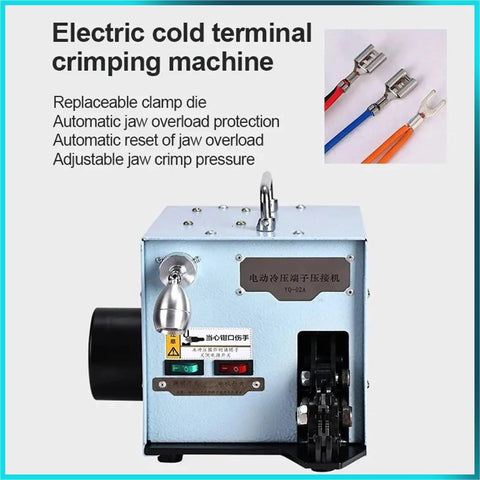 Professional Grade Built Tough Electric Cold Press Terminal Machine With Quick Swap Dies For Hella Accurate Insulated Wire Terminals Smooth Horizontal Bench Setup, showing replaceable clamp die and controls.