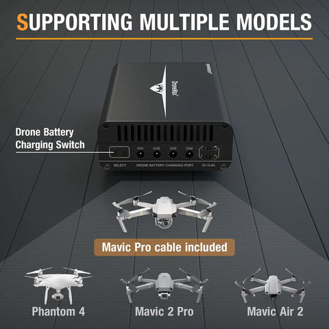 Mavic Pro Drone Battery Charger Hub Four Independent Rails with two USB ports supporting multiple models.
